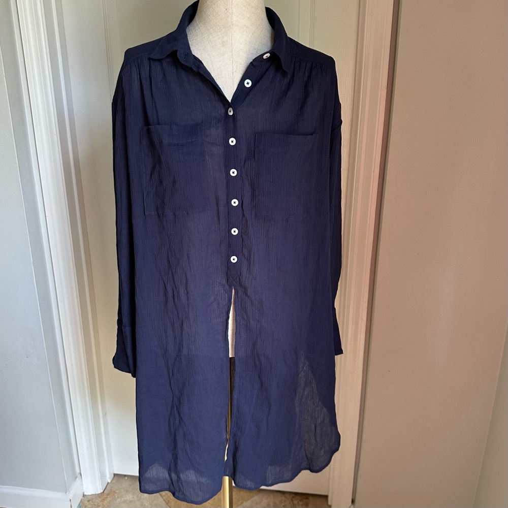 Anthropologie Long Navy Button Down Gauze Tunic/Shirt - Picture 3 of 10